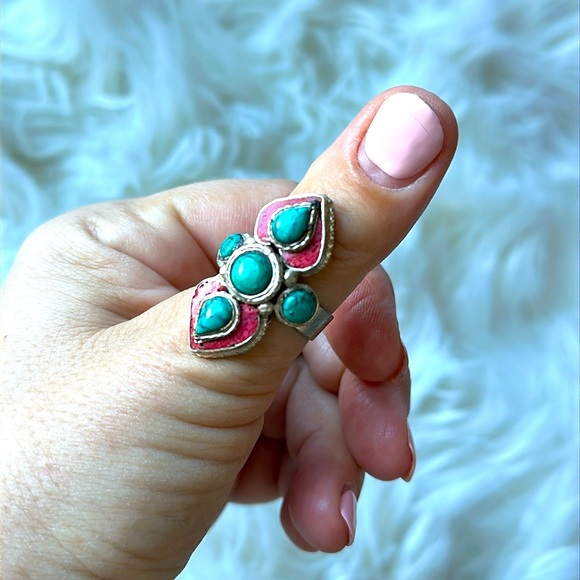 Boho Turquoise, Coral and Sterling Silver Navajo-style ring Size 8.5 - Picture 1 of 6